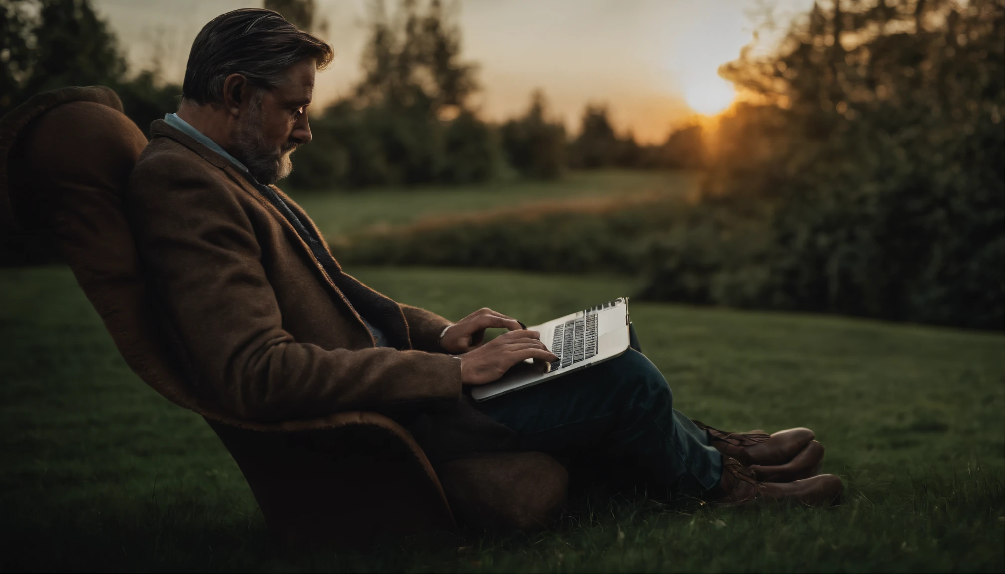 A man sitting in an armchair working on his notebook (computer