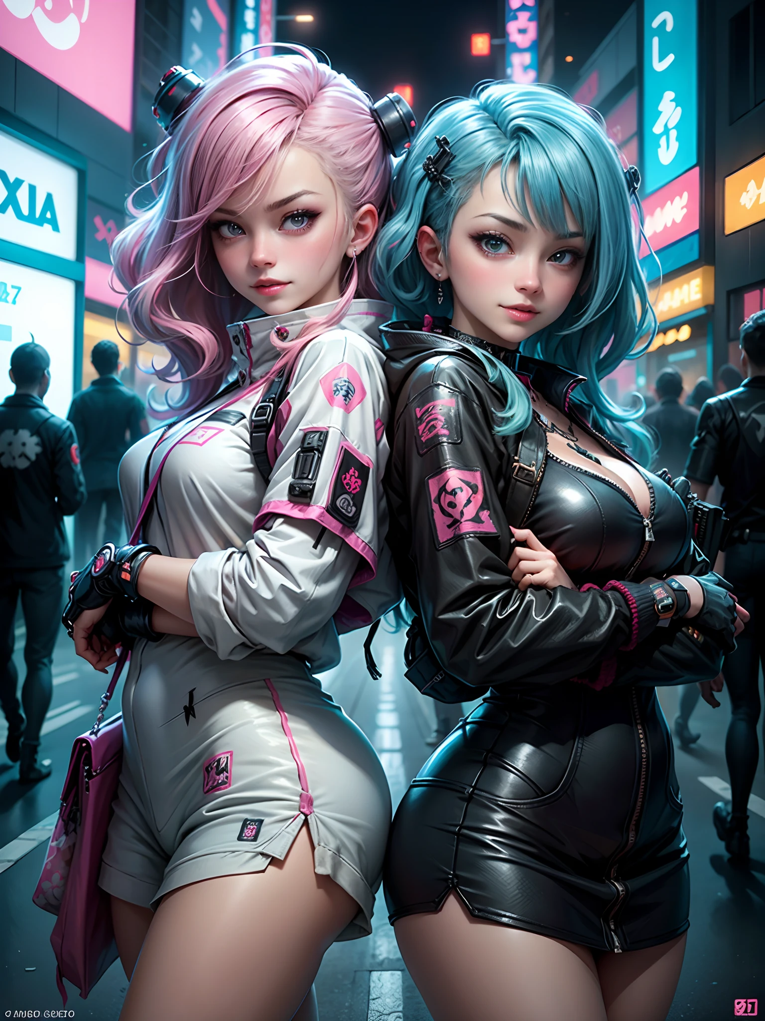 leather jackets、beautiful a girl、a smile、top-quality、HD Images、super-detaild skin、hyperdetailed face、huge tit、、cyberpunked、Excellent style、blue eyess、leather pant、multicolored hair、Beautie