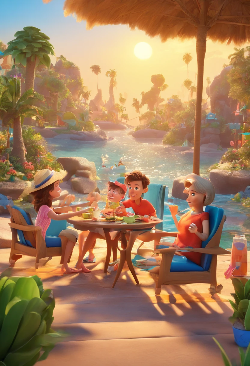 Cartoon of family having fun on vacation together, 3D Animation Movie Poster, Poster de filme animado, pixar 3 d animation style, pixar renderman rendering, maia 8 mil, animated film, Disney Pixar Estilo 3D, familia felizes saem juntos, todos vestindo camisas brancas do mickey, ao ar livre, vacation, Disney Pixar Animation Poster