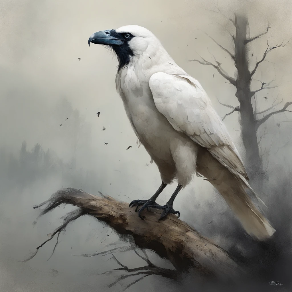 A white crow on a dead tree, The white raven is rich in detail，Em Forma de sombra de um caminhante, Noite estrelada, Thick fog on the ground, Luz azul no horizonte, Motor Unreal5, cinemactic, Low angle photo, motion blur, proFundidade de campos, dust, Seixos e solo. arte splash, pingando tinta. Perfect color classification. The Influency of Carel Appel and Jeremy Mann, Many dramatic and threatening scenes, Ultra - Detalhado, Beautiful, detalhes insanos, detalhes intrincados, FotograFia Editorial, FotograFado com uma lente de 50mm, proFundidade de campos, Tilt Blur, Velocidade do obturador 1/1000, F/22. Mapas de luz, super brilhante