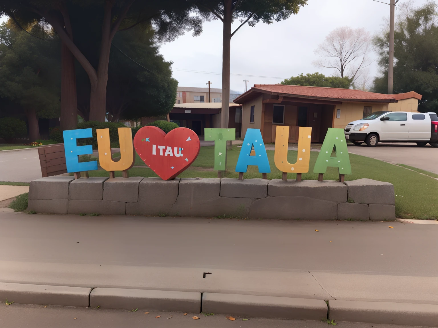 A imagem traz uma grande placa feita de blocos, where it reads "I Heart Taua". The sign is placed on a sidewalk, possibly in a park or public area. The sign is colorful and eye-catching, tornando-se um ponto focal interessante na cena. The arrangement of the sign suggests that it may be a statement or a message to visitors or passers-by.