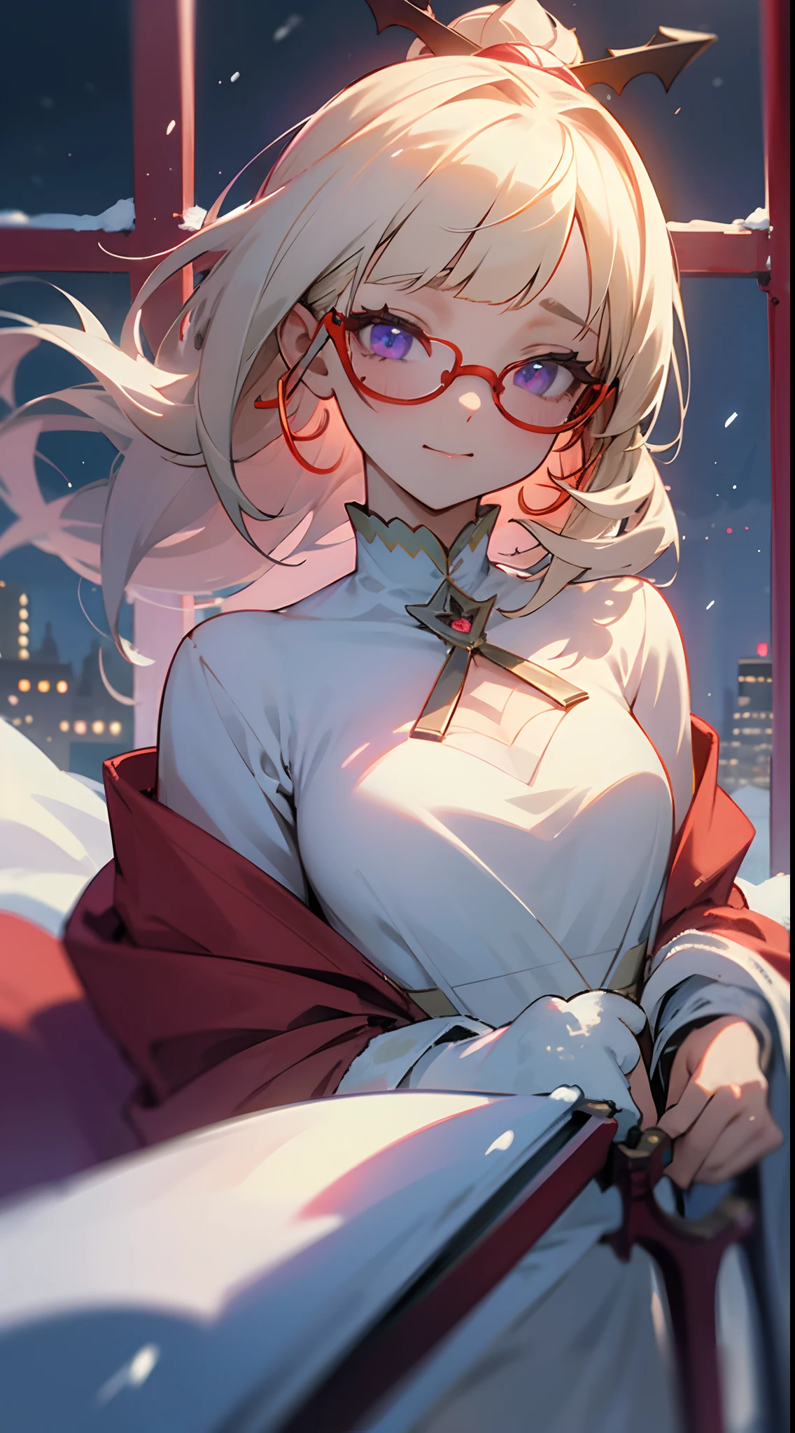 1girl in,a blond、Blunt bangs、Straight hair, Hair pulled back、Purple eyes、((Red Frame Glasses)):1.5,A smile、Laugh、Wearing a red hoodie,city,winter snow,Night,absurderes,hight resolution, ultrasharp, 8K, masutepiece, Looking at Viewer, Fantasy, Magical, Snow-covered rooftop, Frozen breath rises, Glowing streetlights, Ethereal Atmosphere, Dreams, quiet street, Distant city skyline, Fluffy and snowy, Intricate details of the girl's face and outfit, Delicate snowflakes on her eyelashes, mysterious expression, seductive beauty, a captivating gaze, Snowy trees々, Blurry lights in the background, Bright red contrasting with snow-white snow, captivating scene, Evoke a sense of wonder and magic.