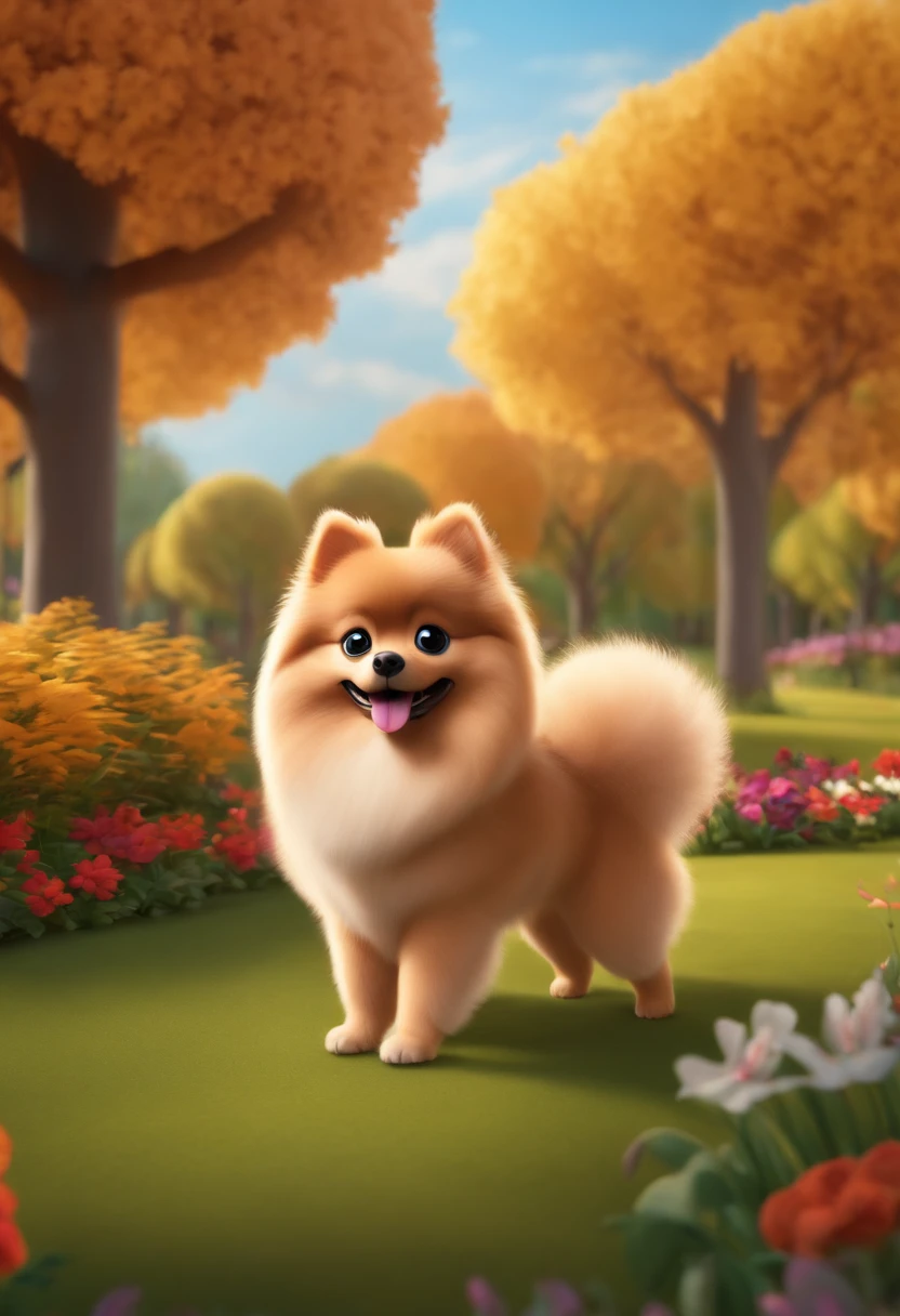 Cute looking german spitz strolling in the park, estilo cartoon, Pixar, ..3d