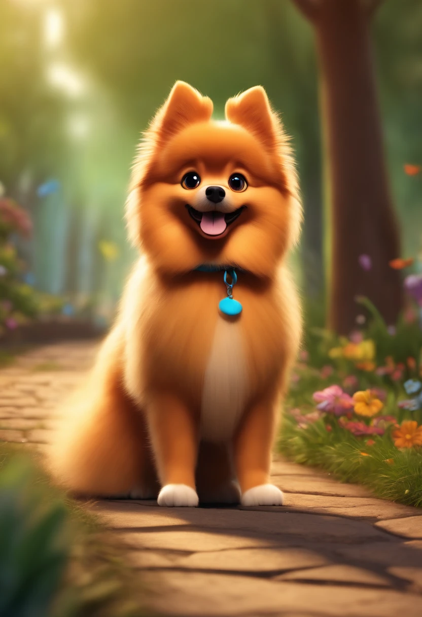 Cute looking german spitz strolling in the park, estilo cartoon, Pixar, ..3d