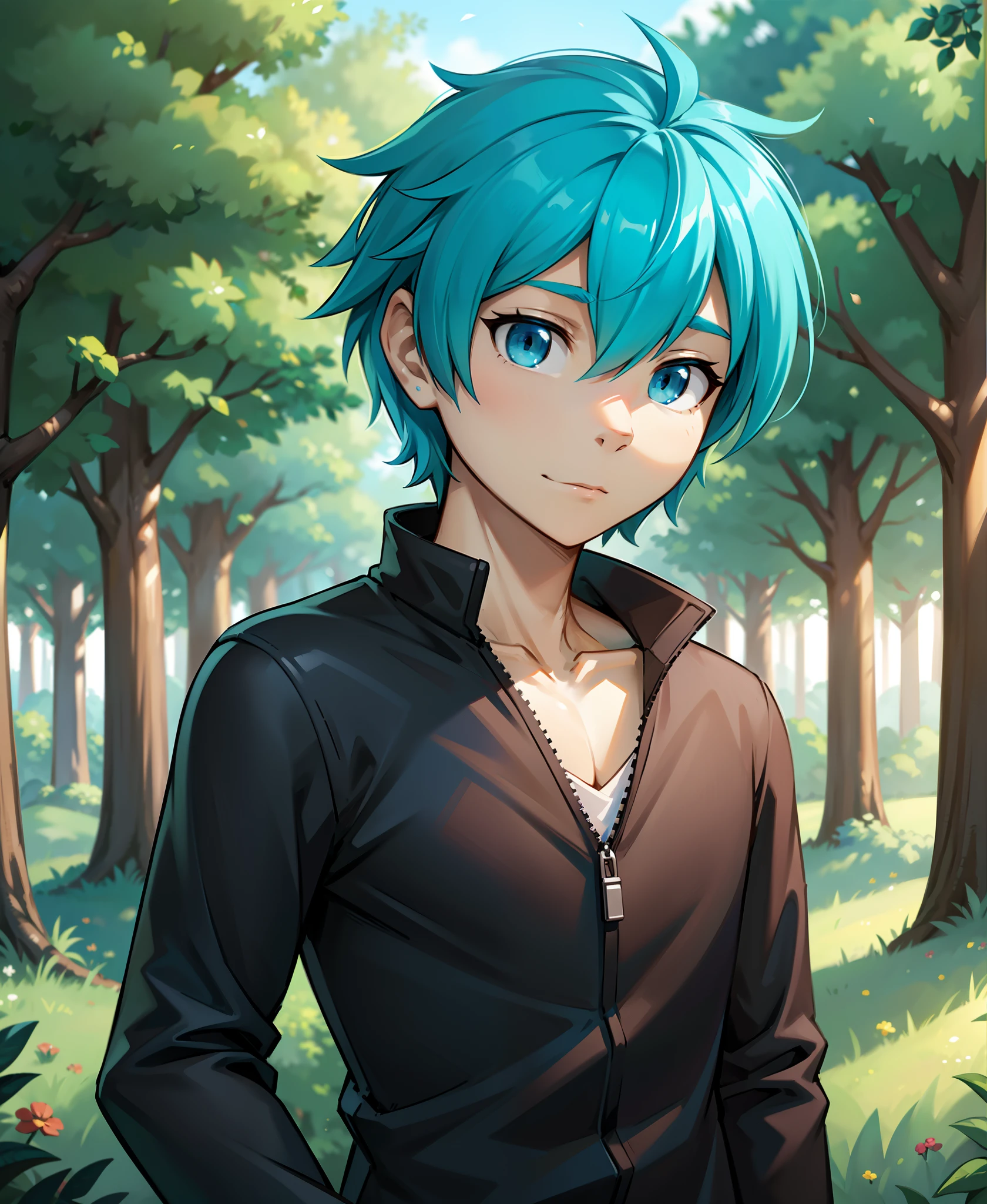 trace-legacy, twokinds, by tom_fischbach,, (best quality, masterpiece:1), solo, male human, blue eyes, medium hair, blue hair, portrait, looking at viewer, (outdoors dark forest trees blurry blurred background:1.1),