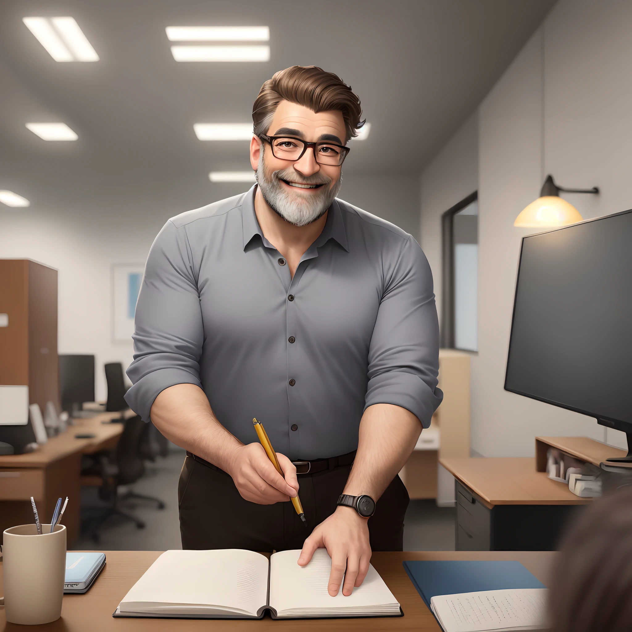 velho, inspirado na Disney Pixar, Inspirado pelo pastor ( Rubens Janeiro ) A brown-haired, gray-bearded man wearing glasses in a modern office, a notebook on the desk, looking to the hopeful future, old man, cabelos castanhos e barba grisalhA, uma roupa jovial