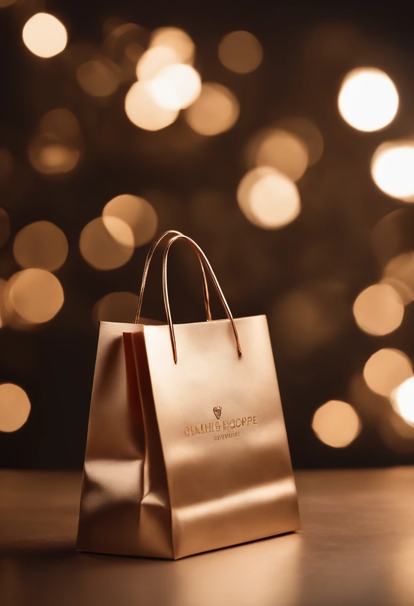 Create a logo that features a rosegold shopping bag as its central element. The shopping bag should radiate an aura of luxury and elegance, with a beautifully shimmering rosegold color. In the center of the bag, incorporate a dainty pink heart, adding a touch of charm and emotion to the design. Directly beneath the shopping bag, inscribe the text 'Preciso De Ofertas' in bold and prominent golden letters. Ensure that the golden text is highly visible, making a powerful statement about the desire for exceptional deals. The entire logo should convey a sense of shopping excitement and a strong yearning for attractive offers while maintaining a chic and opulent aesthetic