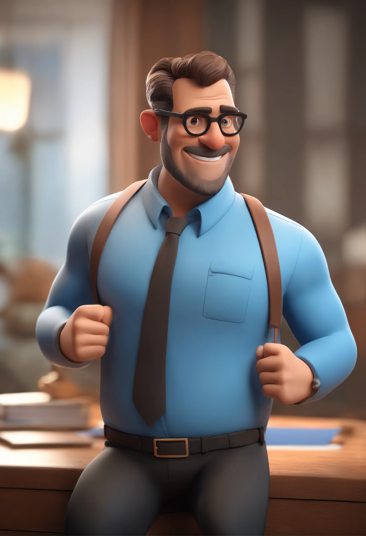 Cartoon character of a man wearing black glasses and a blue shirt, um personagem animado, Caractere estilizado, animation style rendering, 3D estilizado, Arnold Maya render, 3 d render stylized, toon render keyshot, Personagem 3D, Personagem 3D, 3d rendering stylized, 3 d character render, personagem de desenho animado, Personagem de close up, Pose de personagem, (Estilo Pixar) (master part:1.2) (Bokeh) (best quality) (pele detalhada) (textura detalhada) (8k) (argila) (Cinematic lighting) (foco nítido,Senta e vaza a parte superior do corpo