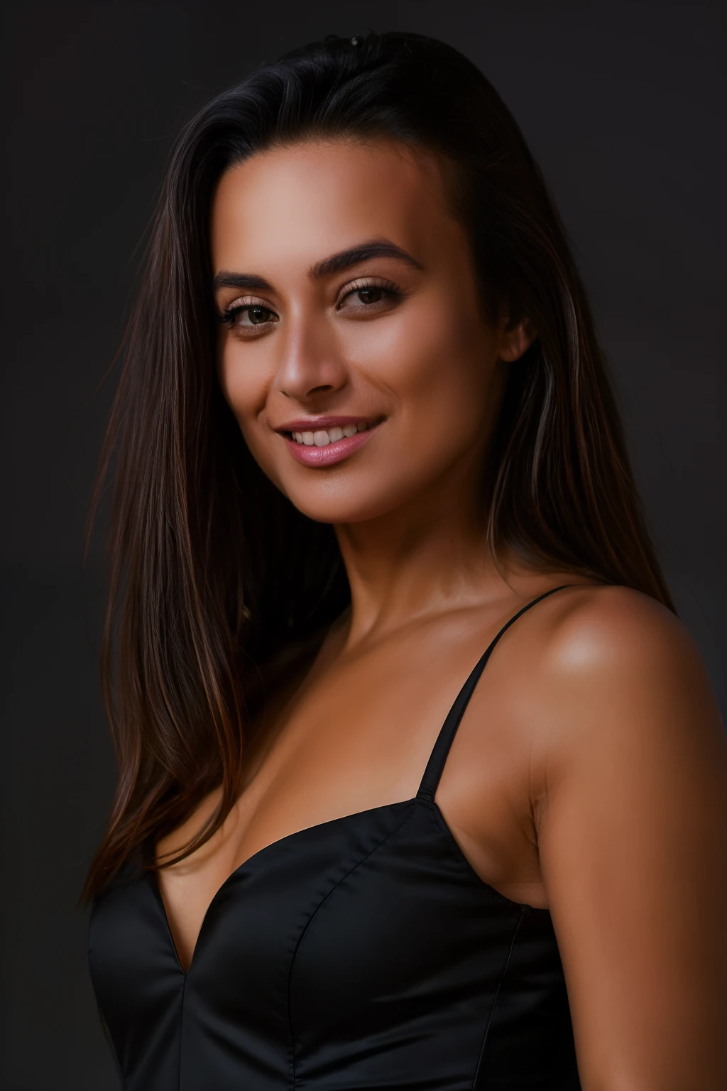 SFW Portrait of a Woman Dominica S, Beautiful, ((wearing a black dress)), winning, Perfect eyes, Perfect face details, (highly detailed skin:1.1), Seduction Smile, Perfect slim body, Photorealistic, Realistic, dramatic lighting, modelshoot style, Professional photography, Sunset, foggy background, blurred background, Raw, analog style, sharp-focus, 8K UHD, dslr, hiquality, Fujifilm XT3, Grain, award winning,