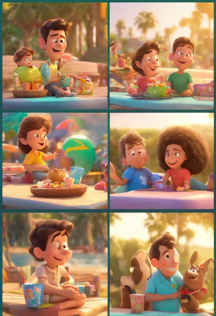 Cartoon of family having fun on vacation together,  3D Animation Movie Poster, Poster de filme animado, pixar 3 d animation style, pixar renderman rendering, maia 8 mil, animated film, Disney Pixar Estilo 3D, familia felizes saem juntos, todos vestindo camisas brancas do mickey, ao ar livre, vacation, Disney Pixar Animation Poster