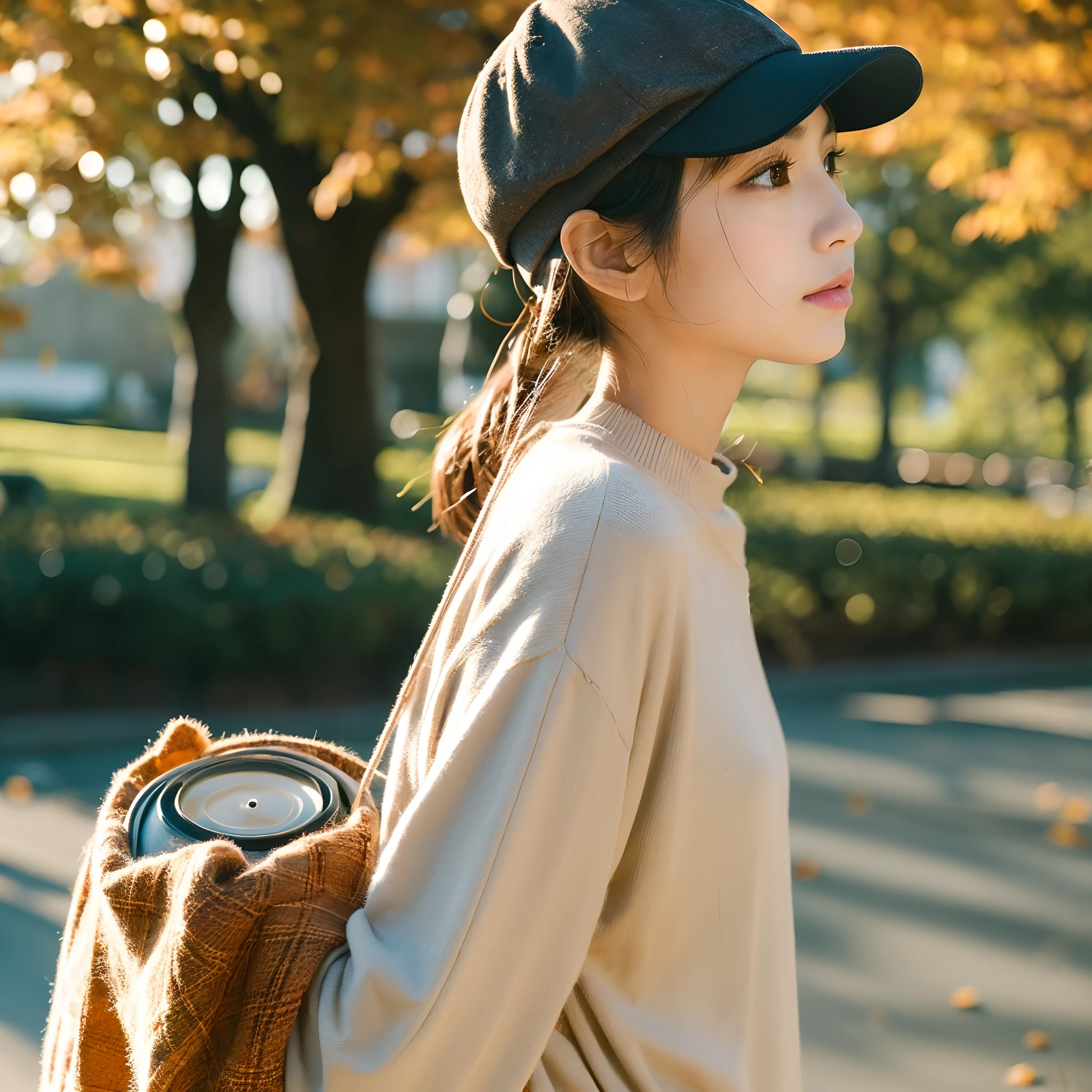 autumnal、On the shores of the lake、morning、A girl with well-defined eyes and nose、stroll、Top image quality、Wearing a cap、Beautiful fece、Beautiful、girl with、独奏、long-sleeve、Fashionable、jpn