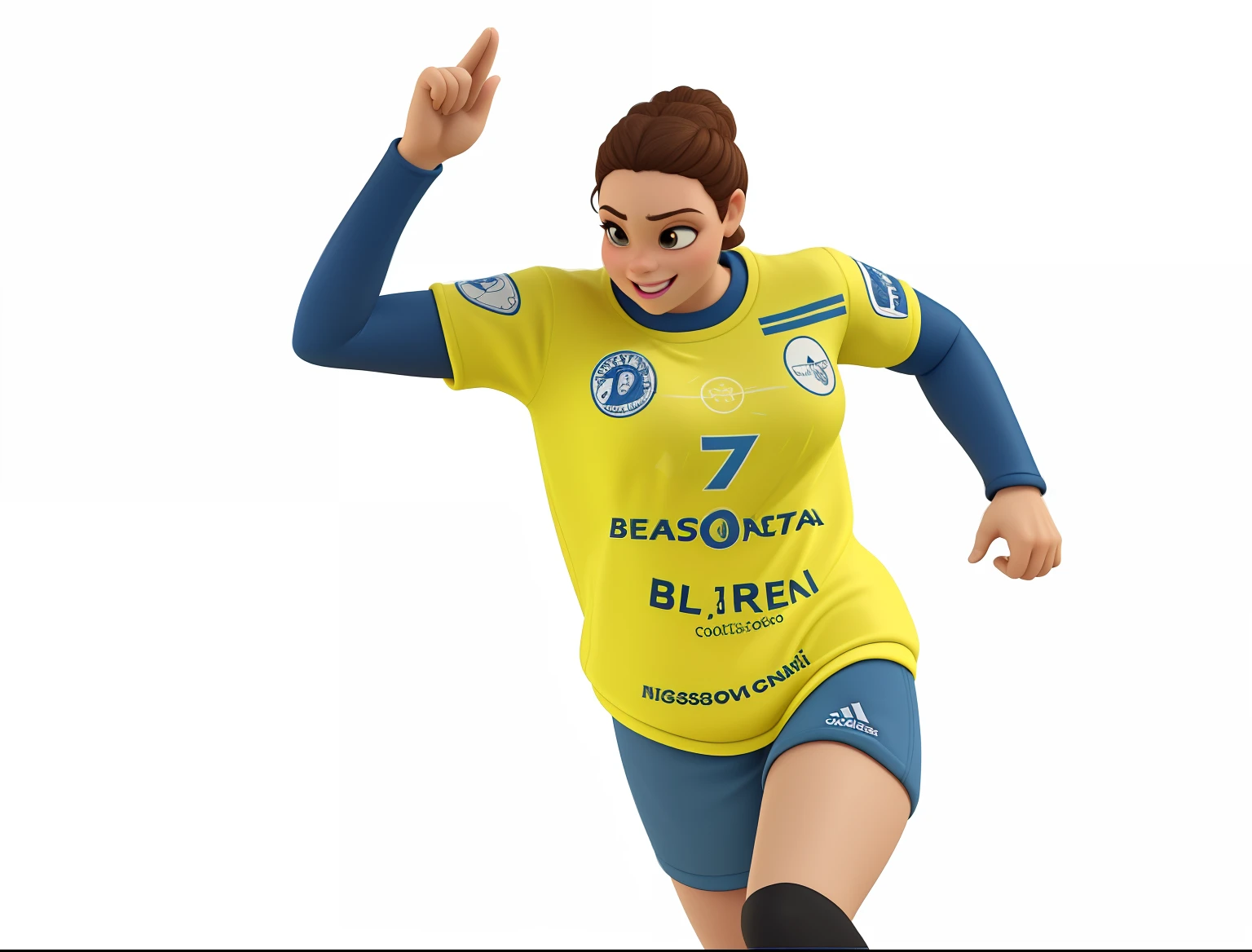 poste 3D inspirado na Disney/pixar, feminina, atleta de handebol, cor da pele braca, 1,78 de altura, 78kg, Curly brown hair tied up and braided, olhos castanhos escuro, sorridente, rosto com corvinhas, nariz normal, usa blusa amarela , short azul, On the feet adidas sneakers dark blue, usando joelheiras, e usando o numero da blusa 77, um braco apontado com um dedo pra cima
