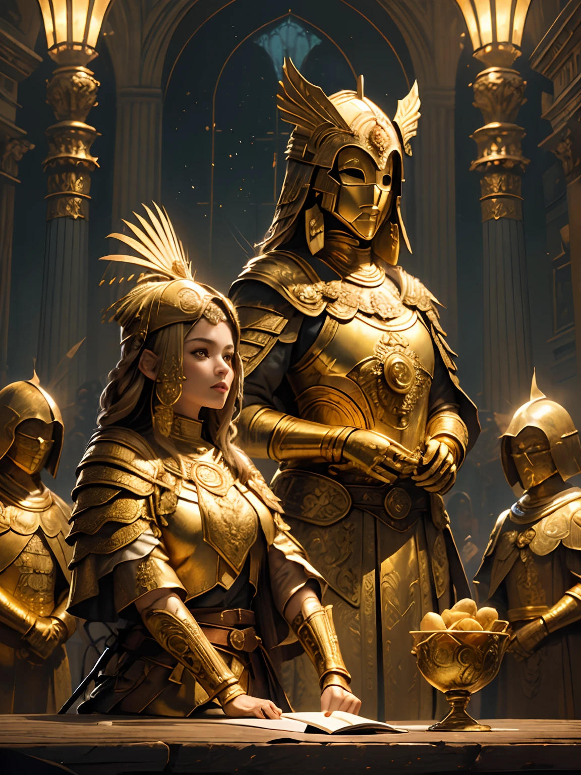 ((master part))), (((best quality))), ((ultra-detalhado)), (hiper-realista), (Highly detailed artwork), highlight lighting, fotorrealista, Extremely beautiful blonde girl, maquiagem leve, eaba detalhada intrincada, capa vermelha, spear, shining, lustro, batata frita, Glamour, statues, epics, ((golden mask))