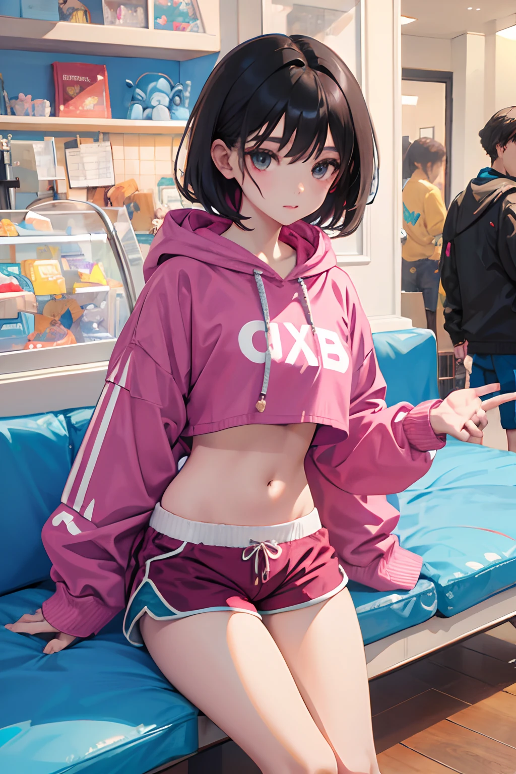 (),(masterpiece,Highest Quality),Crop Top Look,Pastel Hoodie,(Gingham Check Shorts),A dark-haired,World of toys