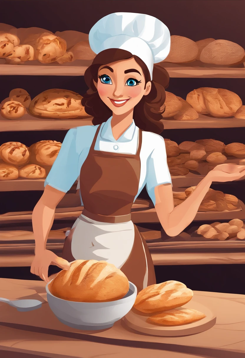 Create a Disney Pixar Poster. Uma mulher chef de cozinha. Esta mulher tem cabelos cor castanho escuro, cabelos na altura do ombro, Is smiling happily, olhos castanhos, olhos pequenos. Ela usa brincos pequenos. Ela tem pele branca. She's making bread in a bakery. Na confeitaria tem flores na cor rosa.