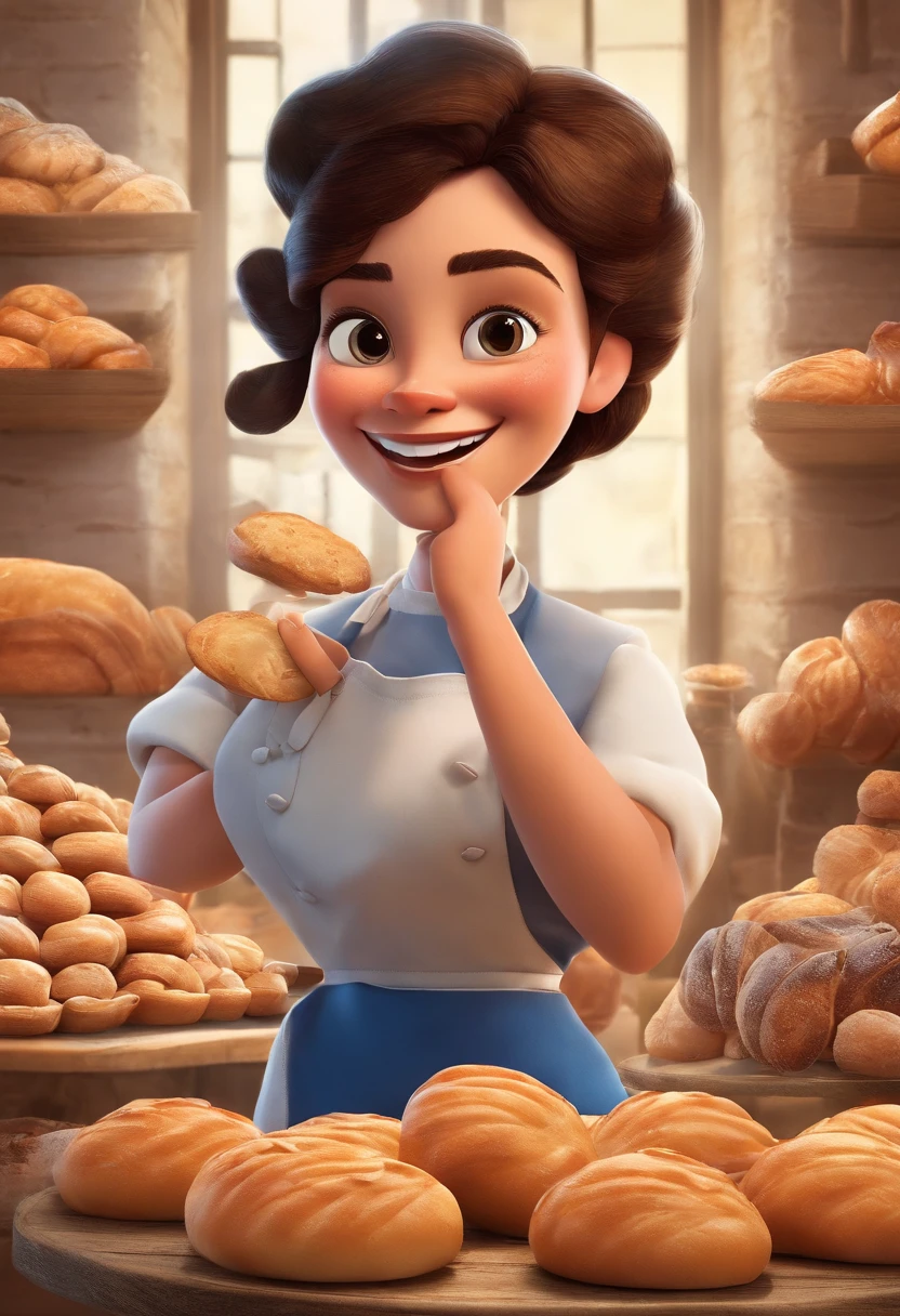 Create a Disney Pixar Poster. Uma mulher chef de cozinha. Esta mulher tem cabelos cor castanho escuro, cabelos na altura do ombro, Is smiling happily, olhos castanhos, olhos pequenos. Ela usa brincos pequenos. Ela tem pele branca. She's making bread in a bakery. Na confeitaria tem flores na cor rosa.