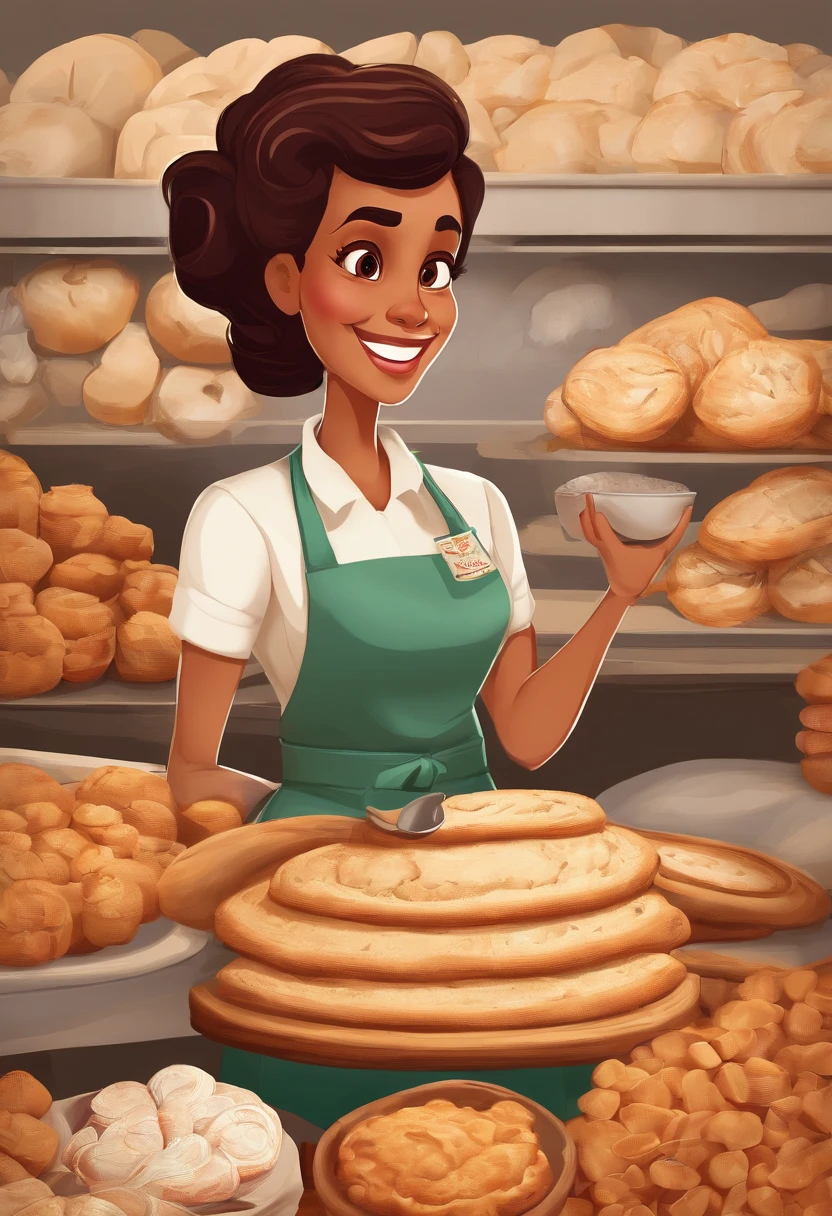 Create a Disney Pixar Poster. Uma mulher chef de cozinha. Esta mulher tem cabelos cor castanho escuro, cabelos na altura do ombro, Is smiling happily, olhos castanhos, olhos pequenos. Ela usa brincos pequenos. Ela tem pele branca. She's making bread in a bakery. Na confeitaria tem flores na cor rosa.