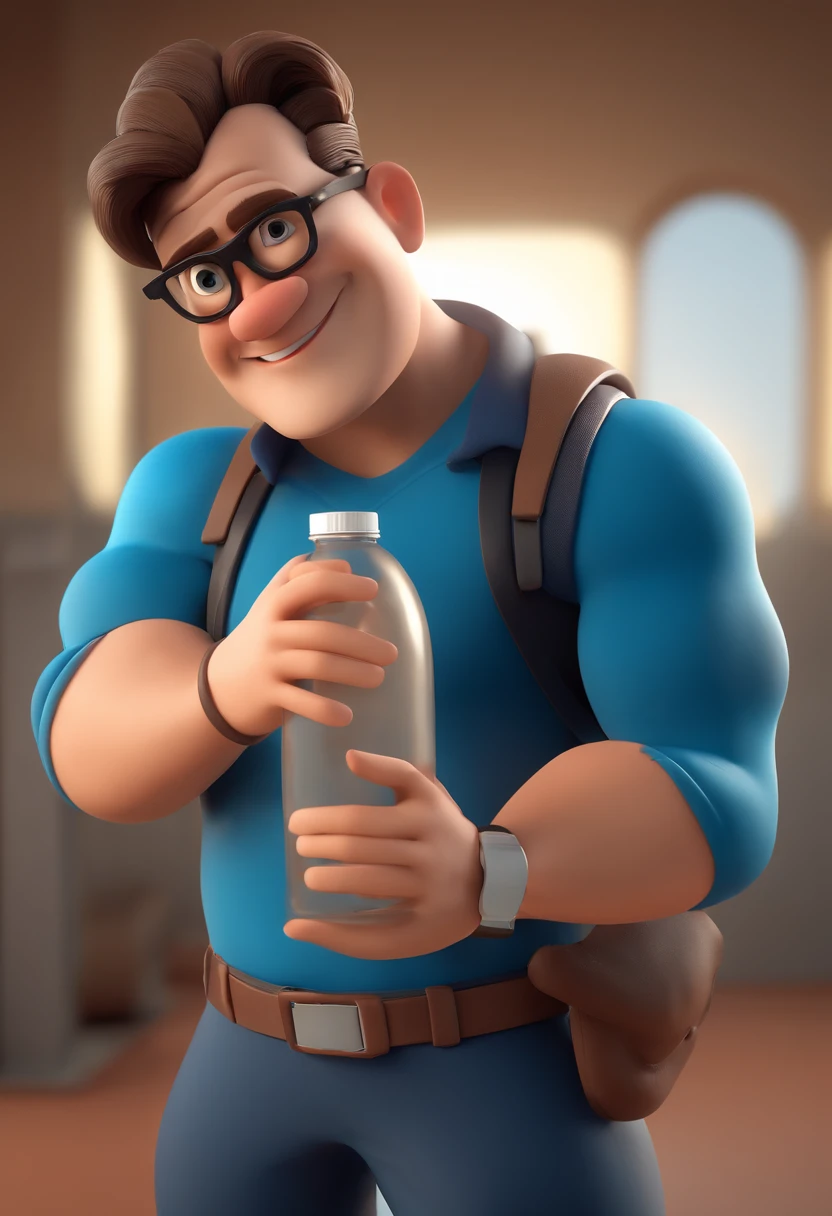 Cartoon character of a man with black glasses and a blue shirt, musculoso, is in the gym, tirando foto no espelho, Holding the water bottle,animation character, Caractere estilizado, animation style rendering, 3D estilizado, Arnold Maya render, 3 d render stylized, toon render keyshot, Personagem 3D, Personagem 3D, 3d rendering stylized, 3 d character render, personagem de desenho animado, Personagem de close up, Pose de personagem,