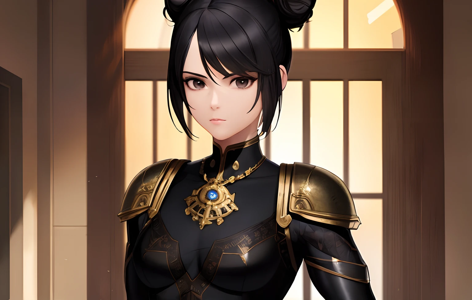 ((masterpiece)), highres, Muscular woman, Black hair, Black eyes, tall body, Small face, Short hair, Side buns, Fantasy outfit, Neutral Expression, Solo, Standing, best quality, detailed body, detailed face, beautiful