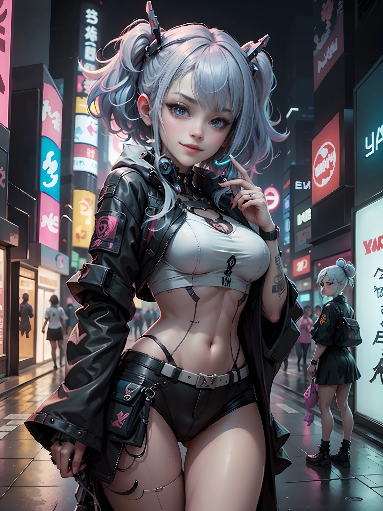 masterpiece, best quality, 2 smiling aged cyberpunk girls standing together taking selfie portrait, ((((Harajuku-inspired cyberpunk clothing)))), bold colors and patterns, eye-catching accessories, trendy and innovative hairstyle))), ((insane detail)), dazzling Cyberpunk cityscape, skyscrapers, glowing neon signs, (LED lights), anime illustration, detailed skin texture, detailed cloth texture, beautiful detailed face, intricate details, ultra detailed, cinematic lighting, strong contrast.