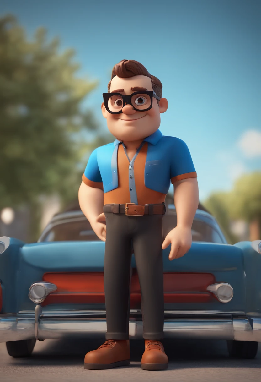 Cartoon character of a man wearing black glasses and a blue shirt, um personagem animado, Caractere estilizado, animation style rendering, 3D estilizado, Arnold Maya render, 3 d render stylized, toon render keyshot, Personagem 3D, Personagem 3D, 3d rendering stylized, 3 d character render, personagem de desenho animado, Personagem de close up, Pose de personagem, (Estilo Pixar) (master part:1.2) (Bokeh) (best quality) (pele detalhada) (textura detalhada) (8k) (argila) (Cinematic lighting) (foco nítido,Senta e vaza a parte superior do corpo