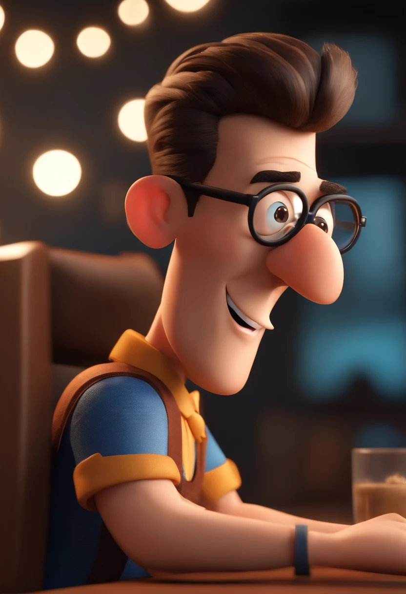 Cartoon character of a man wearing black glasses and a blue shirt, um personagem animado, Caractere estilizado, animation style rendering, 3D estilizado, Arnold Maya render, 3 d render stylized, toon render keyshot, Personagem 3D, Personagem 3D, 3d rendering stylized, 3 d character render, personagem de desenho animado, Personagem de close up, Pose de personagem, (Estilo Pixar) (master part:1.2) (Bokeh) (best quality) (pele detalhada) (textura detalhada) (8k) (argila) (Cinematic lighting) (foco nítido,Senta e vaza a parte superior do corpo