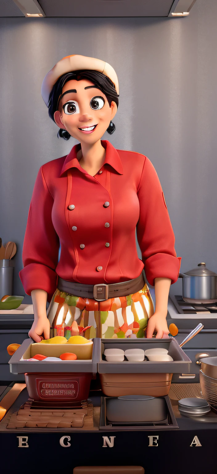 (alta qualidade, Realistic), medium black hair, mulher magra, sorridente, Estilo Disney Pixar, detailed eyes and lips, colorido, cores vibrantes, professional render, cena da cozinha, chef's hat, avental, Kitchen utensils, pratos deliciosos, expression joyful, fundo animado, warm lighting