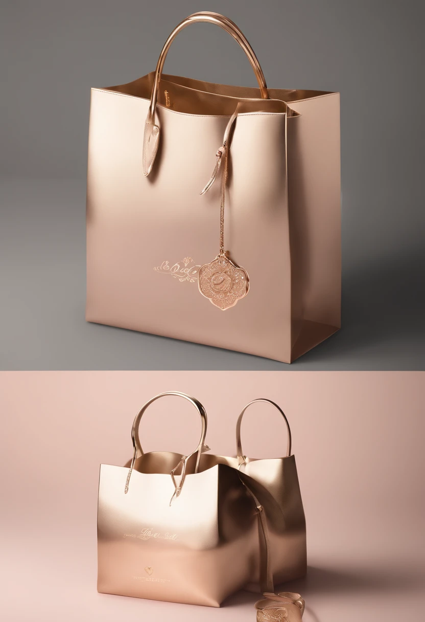 Design a realistic digital art logo that combines elegance and sophistication. The central element of the logo should be a meticulously detailed rosegold shopping bag, radiating opulence and style. In the middle of the bag, incorporate a delicate pink heart, adding a touch of charm and emotion to the design. Directly below the shopping bag, inscribe the text 'Preciso De Ofertas' in bold and luxurious golden letters. This logo should exclusively use the color gold and rosegold, creating a sense of refinement and luxury. The final artwork should be a masterpiece, capturing the essence of a high-end shopping experience and the strong desire for attractive deals