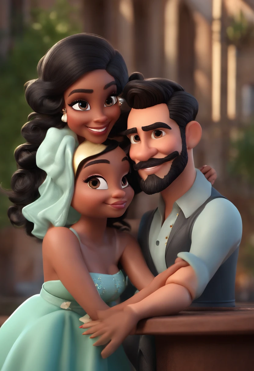 Cartoon characters of a man, black hair, big black beard, white skin color and a black hair woman with bangs, green dress, white skin color who are posing for a photo, Adorable and happy couple, casal sorridente,   imagem interna, imagem de perfil, retrato de casal, Caractere estilizado, animation style rendering, 3D estilizado, Arnold Maya render, 3 d render stylized, toon render keyshot, Personagem 3D, Personagem 3D, 3d rendering stylized, 3 d character render, personagem de desenho animado, Personagem de close up, Pose de personagem, (Estilo Pixar) (master part:1.2) (Bokeh) (melhor qualidade) (pele detalhada)