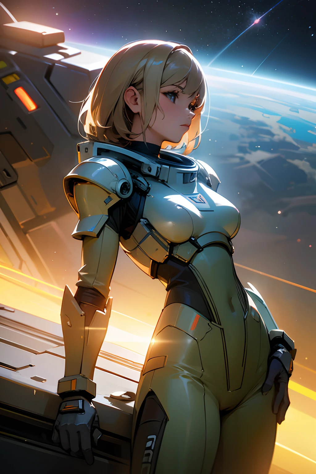 Top quality, ultra high resolution, (photorealistic: 1.4), jumpsuit, sci-fi spaceship interior background, circuit plate mail, medium breasts, realistic world, outdoors, light hair, armour, space, knight,