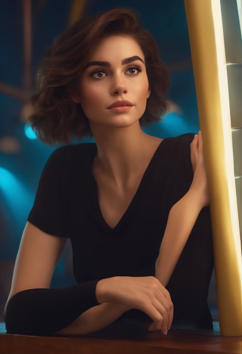 filme Marketing 2023 estilo filmes Pixar, Com nome "N - Marketing", poster, With short, lighter brunette hair and a black t-shirt in front of her crossed arms.
