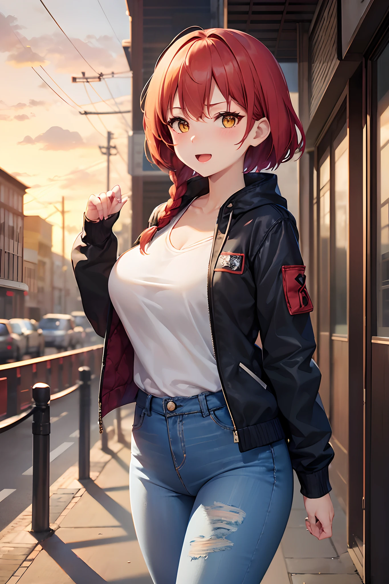 masutepiece, Best Quality, High resolution, Super Detail, 32K, Makima, Cute, One girl, short height, Big breasts, (16 years old: 1.5), (Red hair: 1.2) ), (short hair braids: 1.5), Braided hairstyle, Double-sided, symmetric clear eyes, (Yellow eyes: 1.3), Sparkling eyes, (blush: 1.5), Red cheeks, (Open mouth: 2.2), Friendly display, Smile, slender, (Big breasts: 1.7), (Chest exposure: 1.5), (Beautiful fingers: 1.5), Perfect proportions, (Down jacket, Outerwear: 1.5), (Details, White camisole: 1.7), (Details, Damaged Denim Pants: 1.7), damage jeans, (Front view: 1.5), From the front, Greeting, ( Walking: 1.5), Standing, evening, (Sunset: 1.8), Beautiful scenery, (Night city: 1.5), Fantastic madder sky, shine