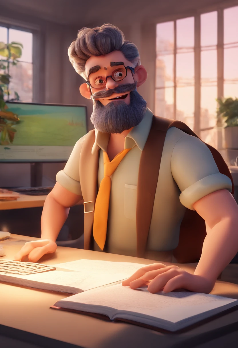 velho gordinho, inspirado na Disney Pixar, Inspirado pelo ) Um cabelo castanho, Bearded man wearing glasses in a modern office, um caderno sobre a mesa, Looking to the hopeful future, old man, cabelos pretos e barba grisalhA, uma roupa jovial