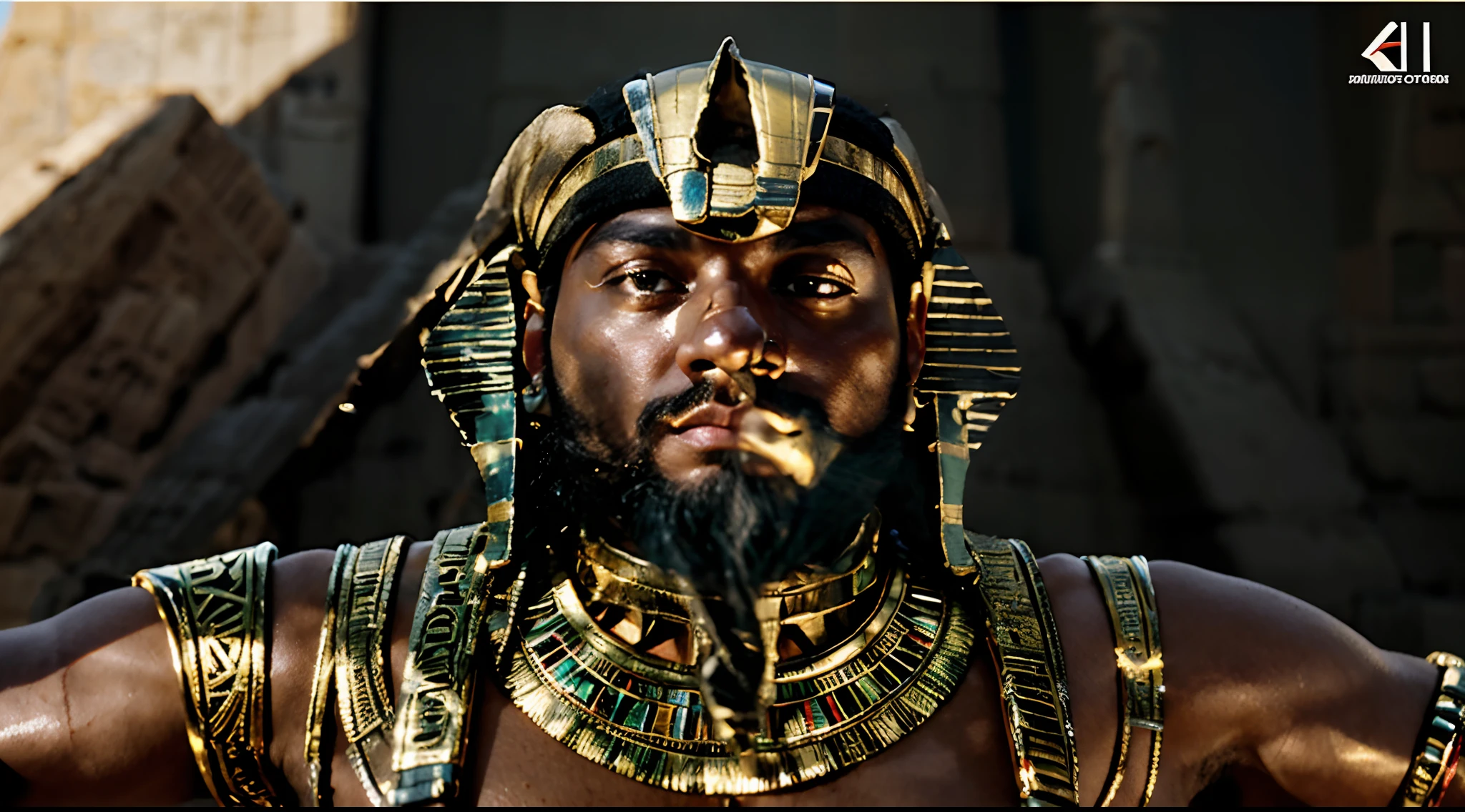 ((Egyptian Man of Ra))) best quality, Very high resolution, CG detalhado 4K, master part, Egyptian mythology, On, Black egyptian man with black beard with a blond line, 2 colares de prata , cada uma com um pingente de ouro, um pingente do sol vazado, outro com o ankh, sol no fundo, Egito Antigo, standing pose, roupas azuis e vermelhas, egyptian clothes , Egyptian temple, deserto, Egito Antigo, ((standing pose)), Egyptian palace, esthetic, Beautiful image, centrado na tela, corpo inteiro, Right side of body with tattoos in hieroglyphics of Egyptian gods
