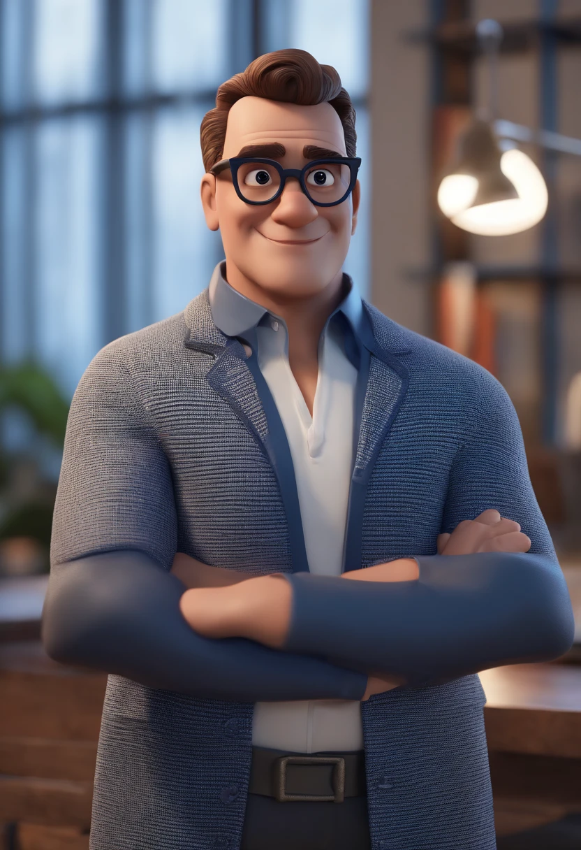 Cartoon character of a man with black glasses and a blue shirt, animation character, Caractere estilizado, animation style rendering, 3D estilizado, Arnold Maya render, 3 d render stylized, toon render keyshot, Personagem 3D, Personagem 3D, 3d rendering stylized, 3 d character render, personagem de desenho animado, Personagem de close up, Pose de personagem,  (Estilo Pixar) (master part:1.2) (Bokeh) (best quality) (pele detalhada) (textura detalhada) (8k) (argila) (Cinematic lighting) (foco nítido