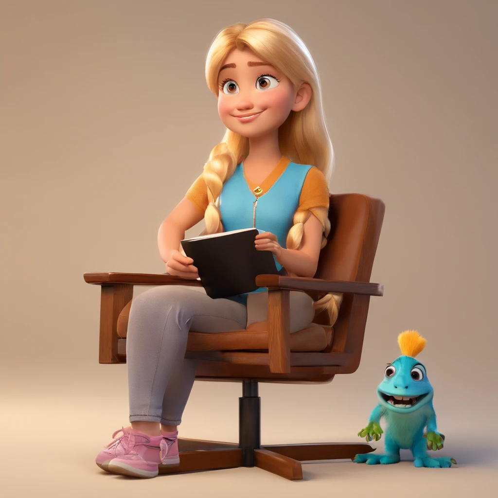 Create a Disney Pixar-inspired poster with the character sitting on a chair, blond hair, brown eyes, a -yeld hong a notebook written on a clipboard