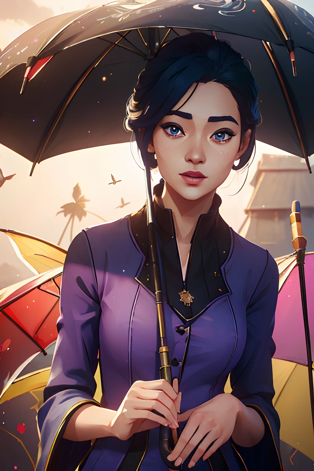 "(best quality, highres, masterpiece:1.2), ultra-detailed, realistic, cute character, holding an umbrella, flying away, beautiful detailed eyes, beautiful detailed lips, long eyelashes, colorful illustrations, vibrant colors, soft lighting"