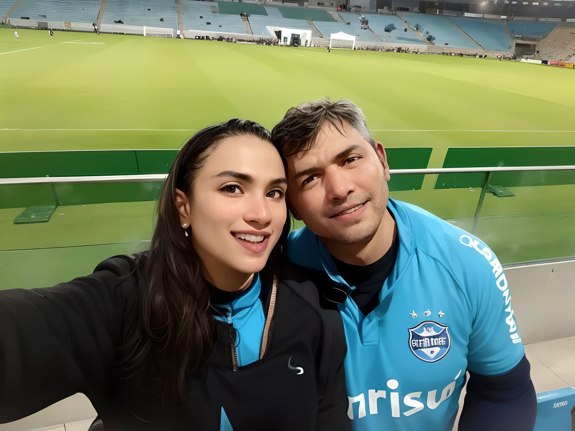 There are two people who are posing for a picture at a football game, Edon Guraziu, In Sao Paulo, Malika Favre, Directed by: Nandor Soldier, inspired by Antônio Parreiras, em campo, gui guimaraes, inspirado em Oswaldo Viteri, Com Godray, 🚿🗝📝