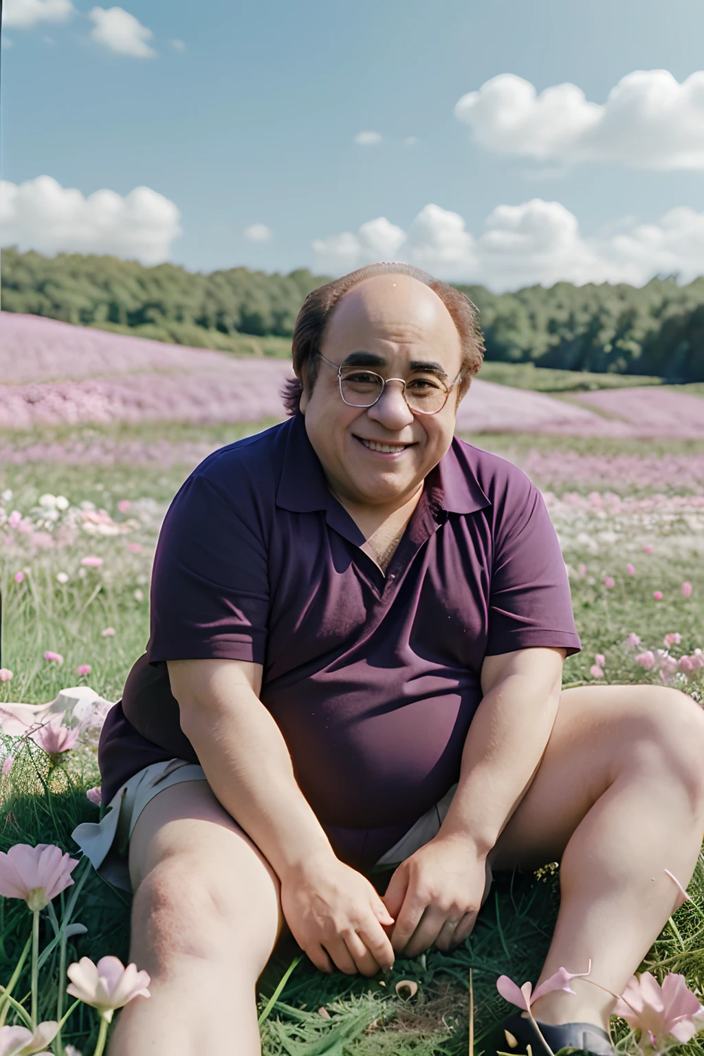 Anime Danny DeVito in the anime style of the 80s sitting in a field of flowers and looking at the camera, smiling. pastel-colored