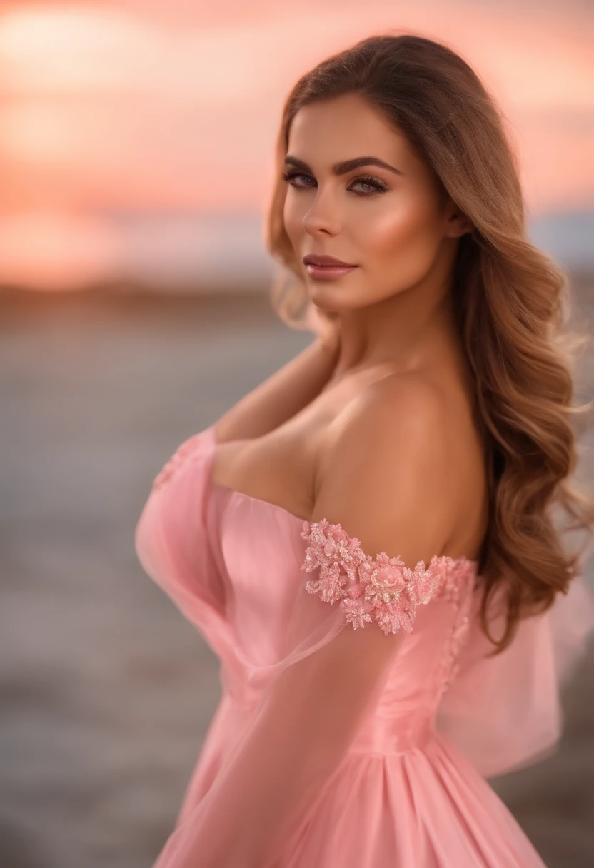 Sandy de Sandy e Junior, vestido rosa, breasts slightly visible, master part, best quality, 8k, foco nítido.