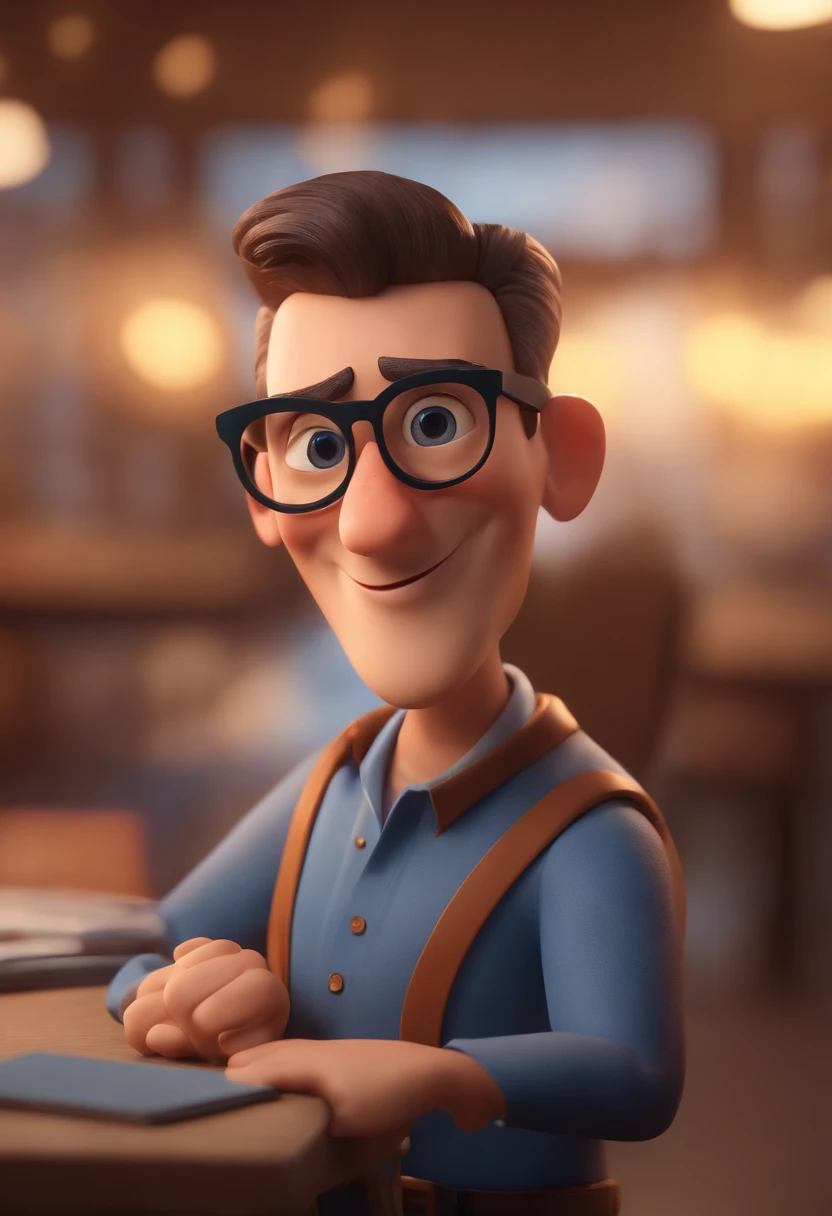 Cartoon character of a man wearing black glasses and a blue shirt, um personagem animado, Caractere estilizado, animation style rendering, 3D estilizado, Arnold Maya render, 3 d render stylized, toon render keyshot, Personagem 3D, Personagem 3D, 3d rendering stylized, 3 d character render, personagem de desenho animado, Personagem de close up, Pose de personagem, (Estilo Pixar) (master part:1.2) (Bokeh) (best quality) (pele detalhada) (textura detalhada) (8k) (argila) (Cinematic lighting) (foco nítido，Senta e vaza a parte superior do corpo