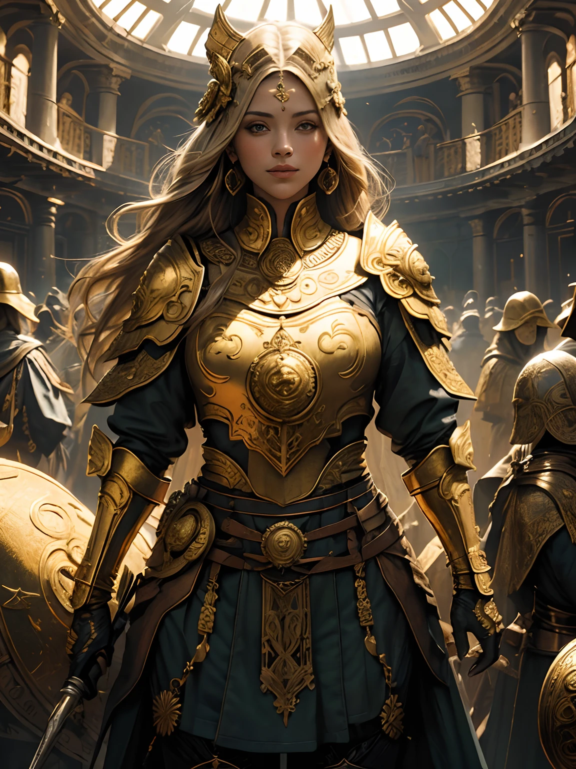 ((master part))), (((best quality))), ((ultra-detalhado)), (hiper-realista), (Highly detailed artwork), highlight lighting, fotorrealista, Extremely beautiful blonde girl, maquiagem leve, eaba detalhada intrincada, capa vermelha, spear, shining, lustro, batata frita, Glamour, statues, epics, ((golden mask))