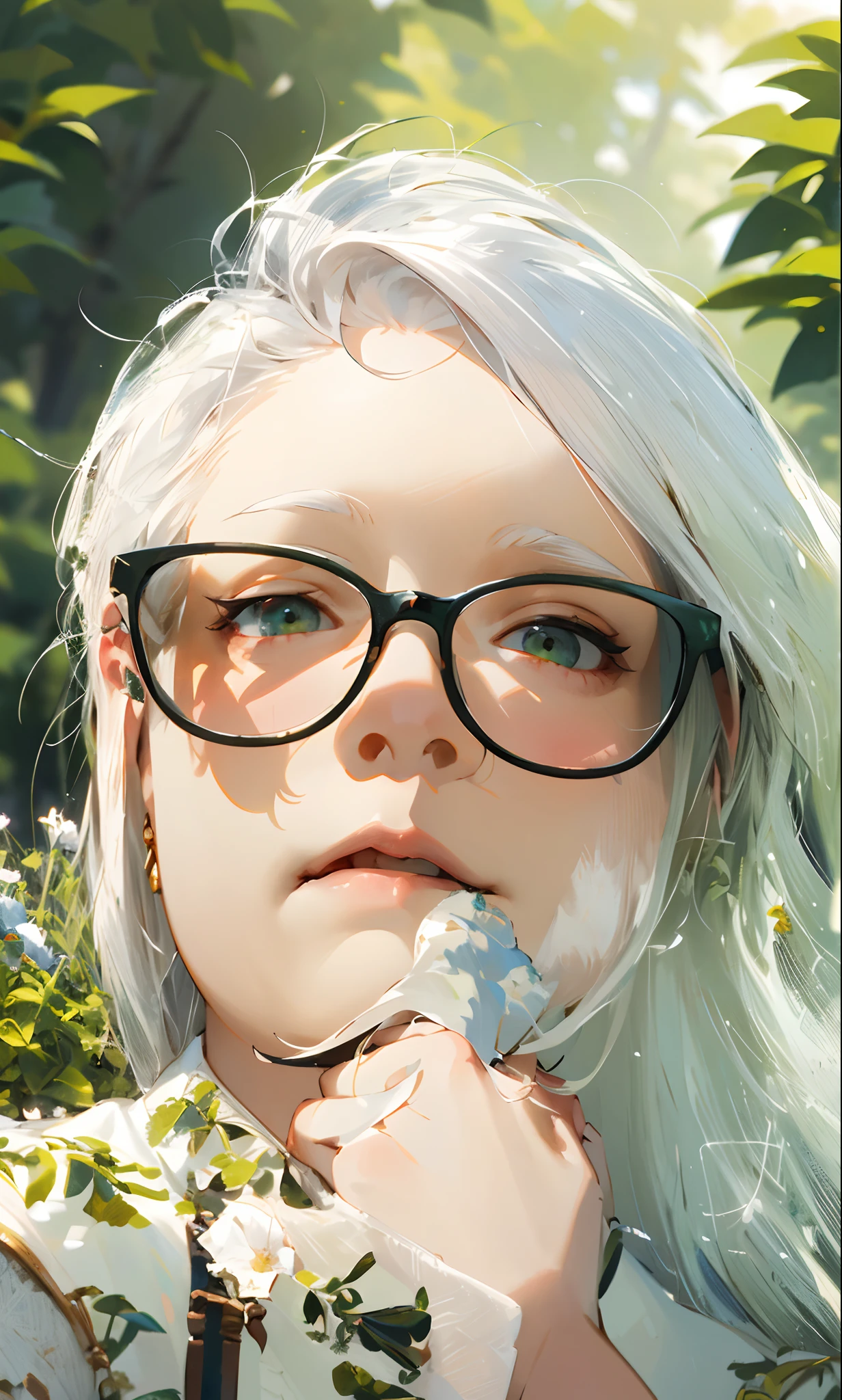 (masterpiece, best quality),1girl with long white hair sitting in a field of green plants and flowers, her hand under her chin, warm lighting, white dress, blurry foreground