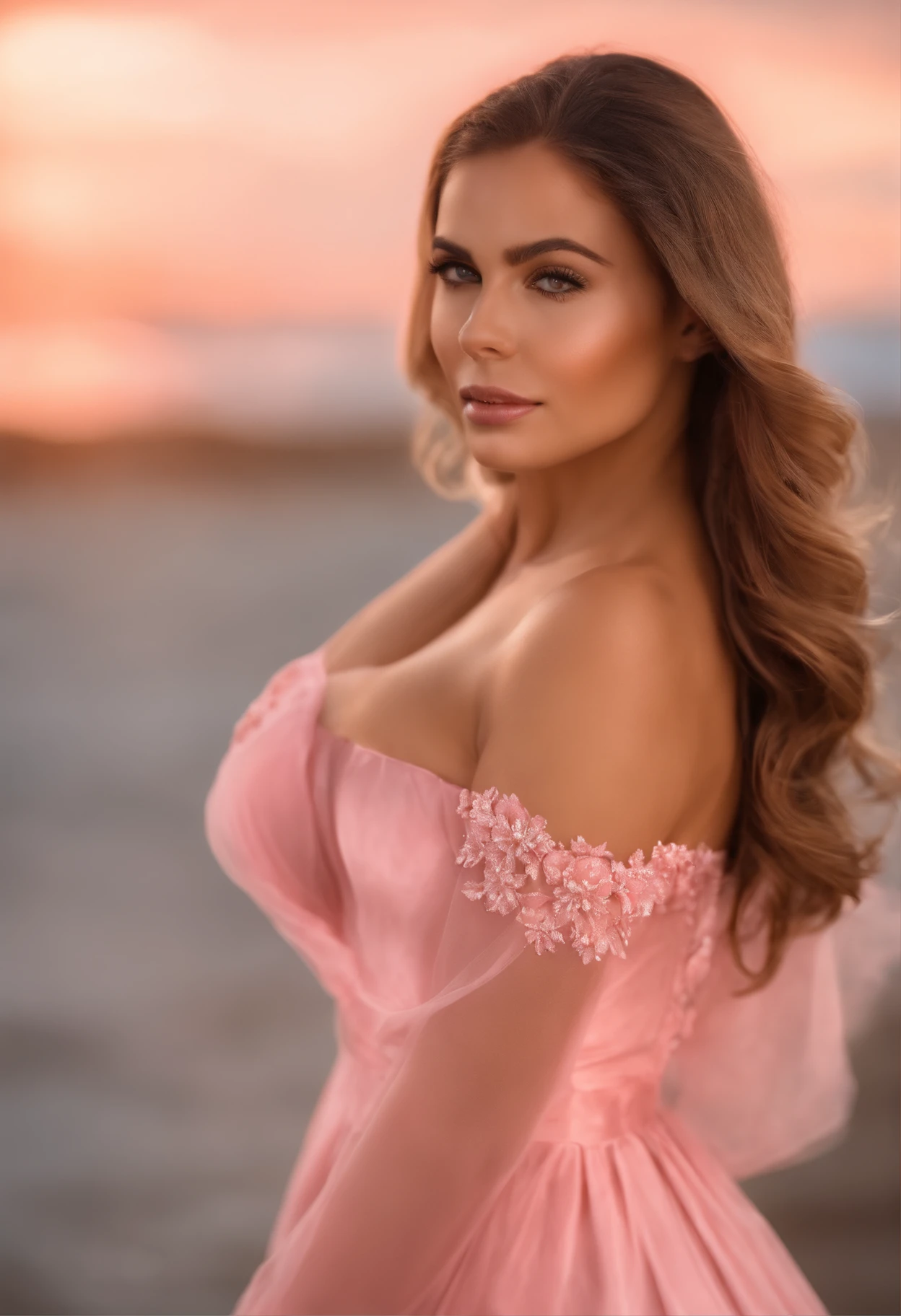 Sandy de Sandy e Junior, vestido rosa, breasts slightly visible, master part, best quality, 8k, foco nítido.