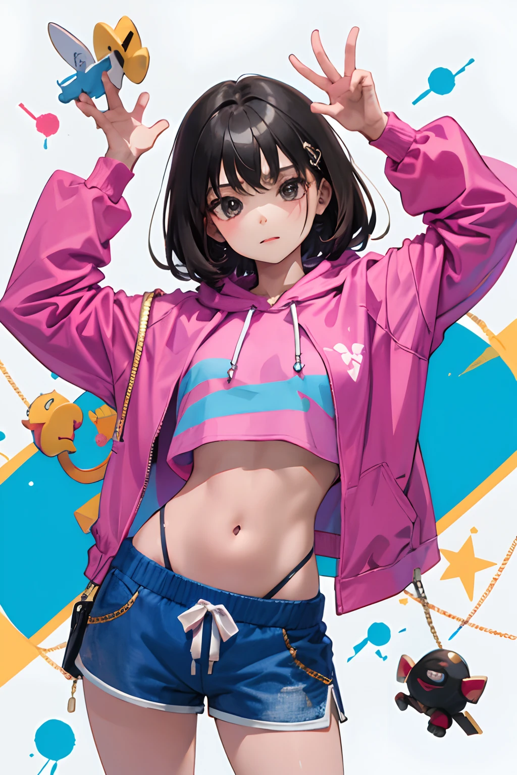 (child),(masterpiece,Highest Quality),Crop Top Look,Pastel Hoodie,(Gingham Check Shorts),A dark-haired,World of toys