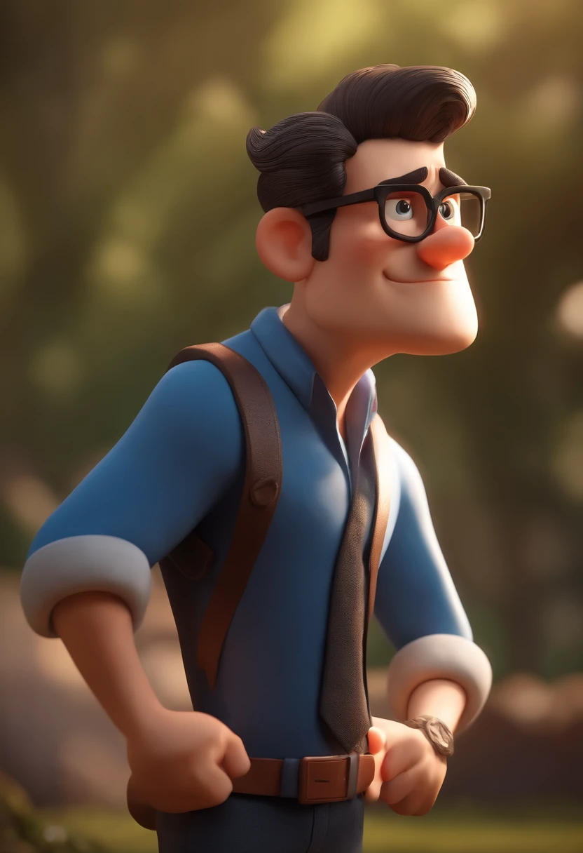 Cartoon character of a man wearing black glasses and a blue shirt, um personagem animado, Caractere estilizado, animation style rendering, 3D estilizado, Arnold Maya render, 3 d render stylized, toon render keyshot, Personagem 3D, Personagem 3D, 3d rendering stylized, 3 d character render, personagem de desenho animado, Personagem de close up, Pose de personagem, (Estilo Pixar) (master part:1.2) (Bokeh) (best quality) (pele detalhada) (textura detalhada) (8k) (argila) (Cinematic lighting) (foco nítido,Senta e vaza a parte superior do corpo