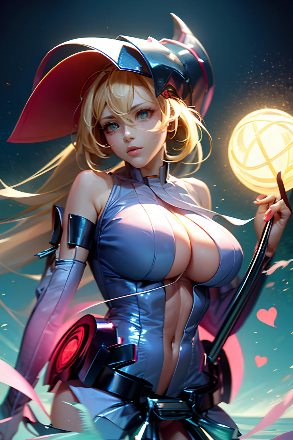 (Obra maestra:1.2), (La mejor calidad:1.2), Perfect lighting, Chica Maga Oscura lanzando un hechizo, flotando en el aire, tetas grandes, escote, fondo de magia. Corazones transparente en el hambiente, blue robe, sombrero grande, desde arriba, Destellos, Yugioh Card en el fondo