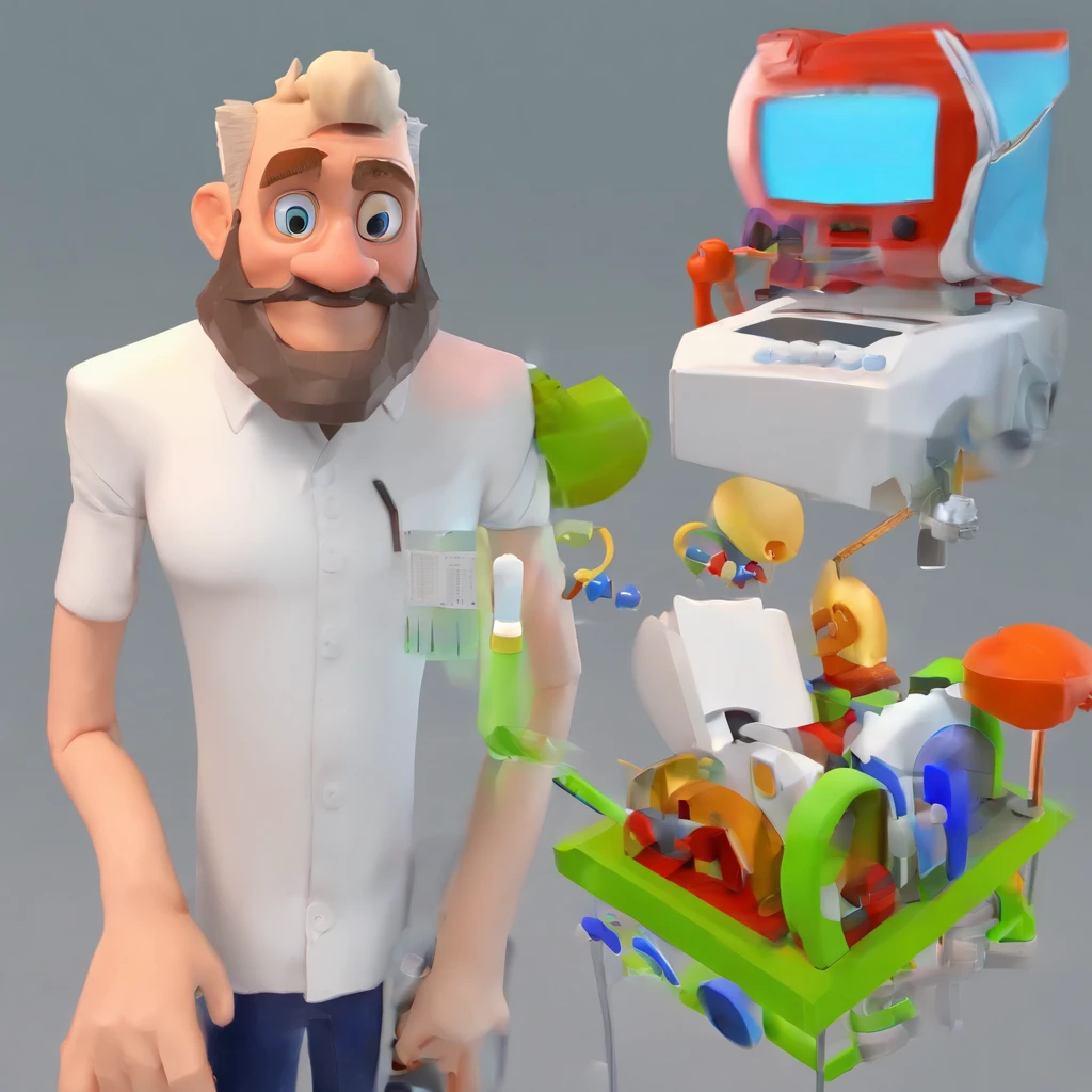 Criar um personagem no estilo Pixar. Trata-se de um homem de 37 anos, com barba, Branco, com cabelos castanhos curtos e um quiff, e olhos castanhos. Ele deve estar na frente de um computador, Trabalhar como designer