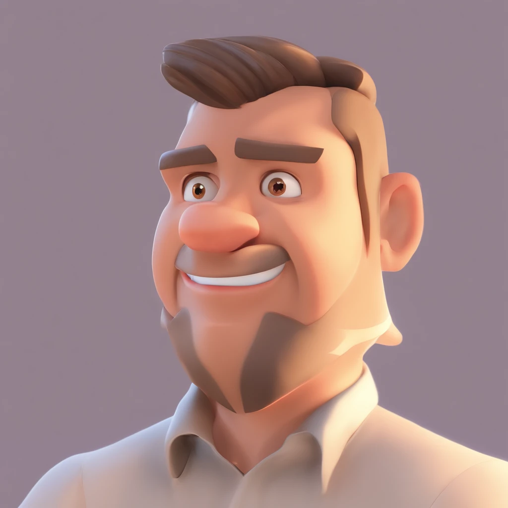 Criar um personagem no estilo Pixar. Trata-se de um homem de 30 anos, com barba, Branco, com cabelos castanhos curtos e um quiff, e olhos castanhos. Ele deve estar na frente de um computador, Trabalhar como designer