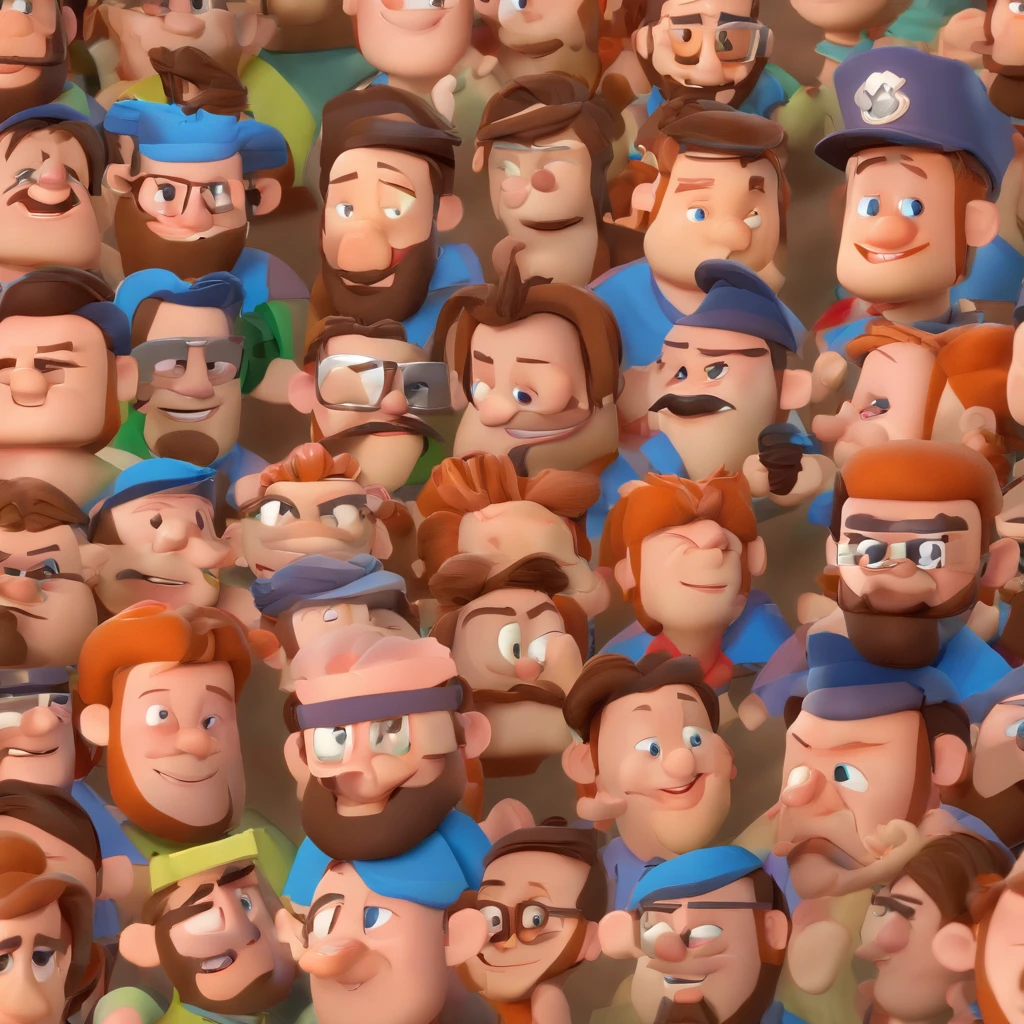 Criar um personagem no estilo Pixar. Trata-se de um homem de 30 anos, com barba, Branco, com cabelos castanhos curtos e um quiff, e olhos castanhos. Ele deve estar na frente de um computador, Trabalhar como designer